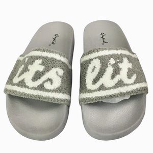 QUPID Gray Cloth Shiny Metallic Graphic Print ITS LIT Slip-on Sandals